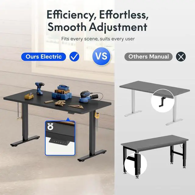 Alt view image 2 of 7 - Electric Adjustable Workbench, 48x30 Inches Ergonomic Worktable with Drawer for Garage, Workshop, Office and Home, Spacious Desktop for Woodworking Sewing and Crafts, Black, 3 Packages