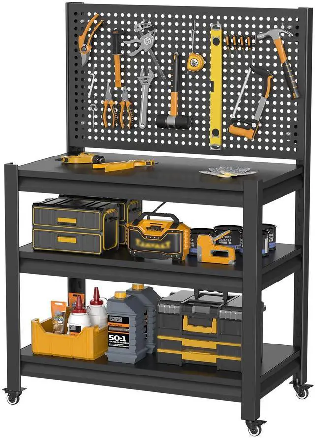 Main image of Work Bench with Pegboard,Heavy Duty Workbench with Wheels Adjustable Shelves,Tool Cart,Work Table for Garage Warehouse47.2 H*33.46" W*18" D