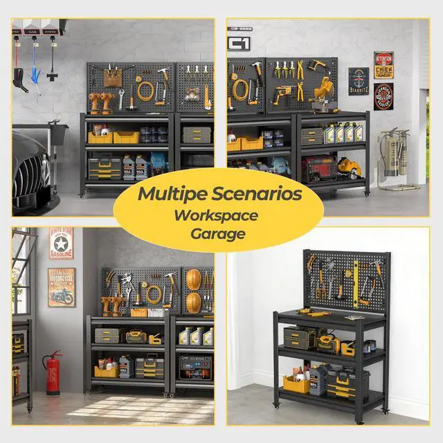 Alt view image 7 of 7 - Work Bench with Pegboard,Heavy Duty Workbench with Wheels Adjustable Shelves,Tool Cart,Work Table for Garage Warehouse47.2 H*33.46" W*18" D