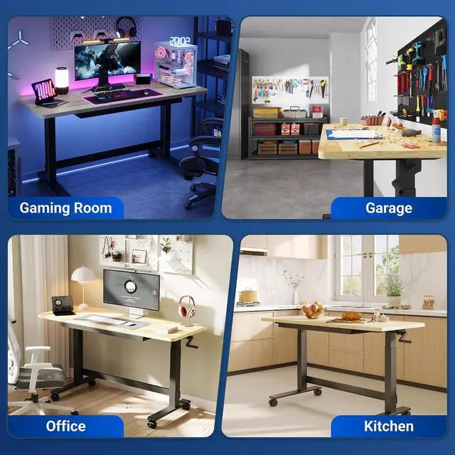 Alt view image 2 of 7 - 47.2" x 23.6" Adjustable Height Workbench with Hand Crank, Drawers & 360° Wheels Rubber Wood Top Heavy-Duty Workstation & Steel Frame for Garage, Studio, Kitchen or Workshop