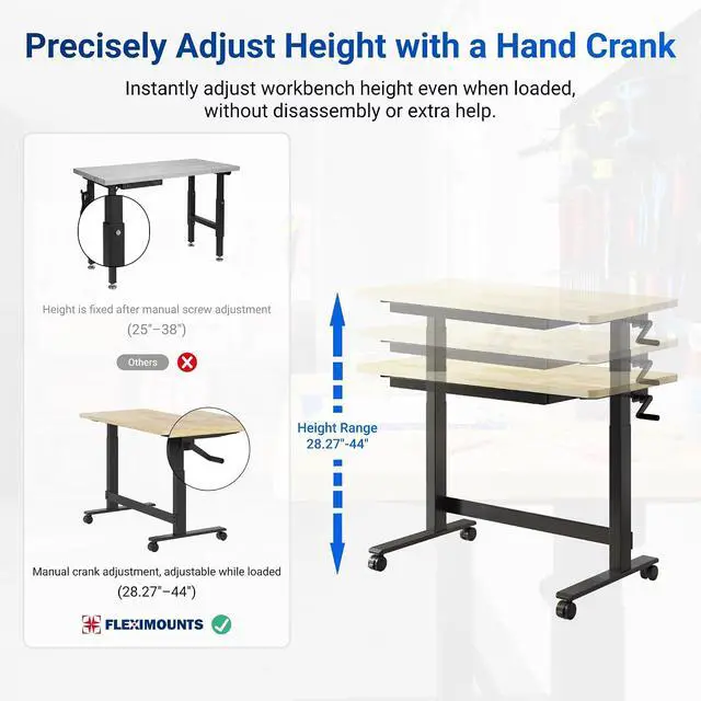 Alt view image 4 of 7 - 47.2" x 23.6" Adjustable Height Workbench with Hand Crank, Drawers & 360° Wheels Rubber Wood Top Heavy-Duty Workstation & Steel Frame for Garage, Studio, Kitchen or Workshop