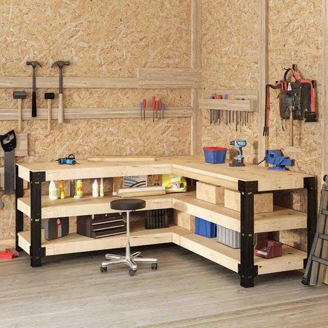 Alt view image 6 of 7 - Universal Steel Workbench Kit 5 Legs L Shaped Heavy Duty Work Bench for Garage Storage Shelving Workbenches Frame Black Customizable Work Table Brackets, Lumber Not Included