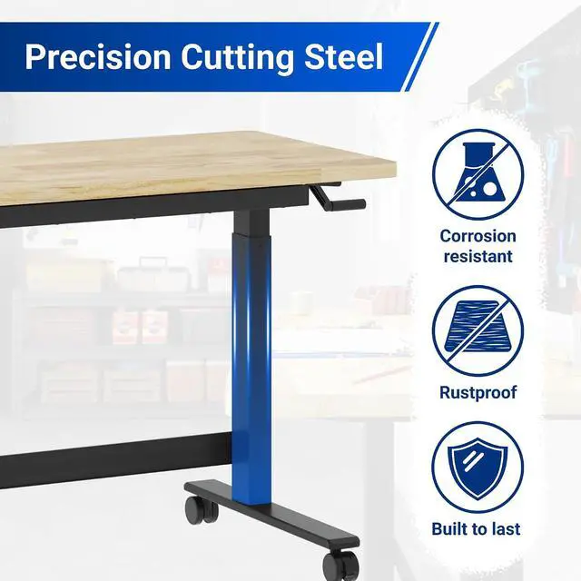 Alt view image 7 of 7 - 47.2" x 23.6" Adjustable Height Workbench with Hand Crank, Drawers & 360° Wheels Rubber Wood Top Heavy-Duty Workstation & Steel Frame for Garage, Studio, Kitchen or Workshop
