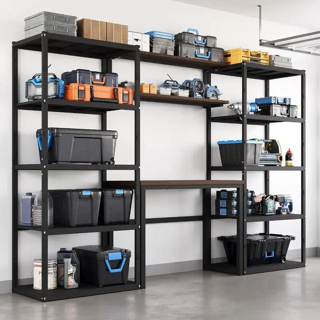 Main image of Garage Storage System with Workbench and Shelving, 117" Modular Garage Organization System, Heavy-Duty Steel Storage Shelves & Workstation, Open Rack Design, Black, FLEXIMOD Series