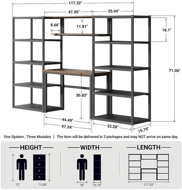 Alt view image 2 of 7 - Garage Storage System with Workbench and Shelving, 117" Modular Garage Organization System, Heavy-Duty Steel Storage Shelves & Workstation, Open Rack Design, Black, FLEXIMOD Series