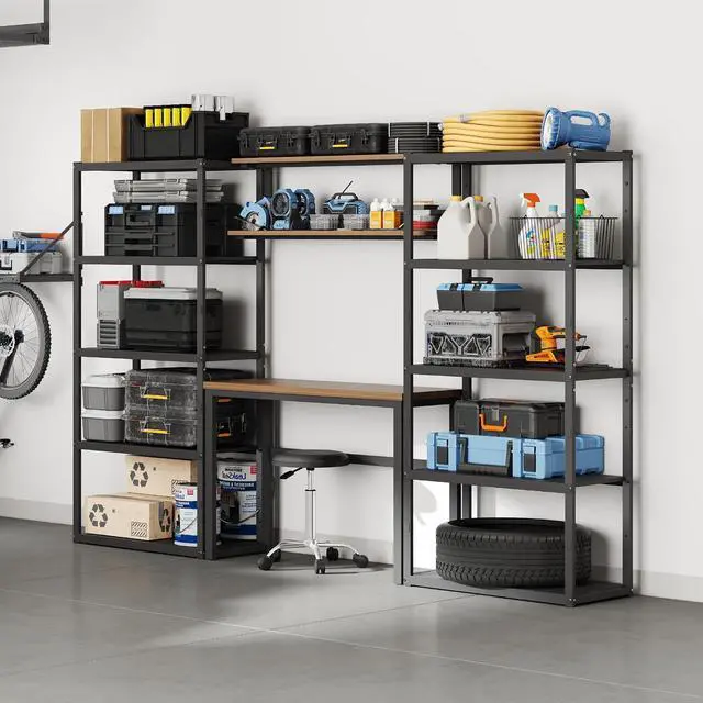 Alt view image 4 of 7 - Garage Storage System with Workbench and Shelving, 117" Modular Garage Organization System, Heavy-Duty Steel Storage Shelves & Workstation, Open Rack Design, Black, FLEXIMOD Series