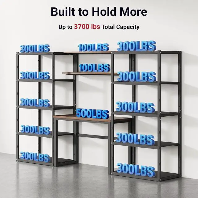 Alt view image 5 of 7 - Garage Storage System with Workbench and Shelving, 117" Modular Garage Organization System, Heavy-Duty Steel Storage Shelves & Workstation, Open Rack Design, Black, FLEXIMOD Series