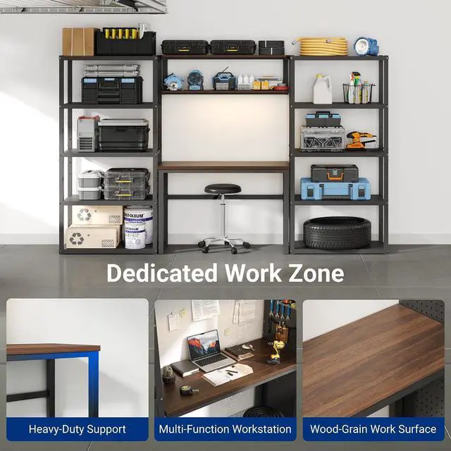 Alt view image 6 of 7 - Garage Storage System with Workbench and Shelving, 117" Modular Garage Organization System, Heavy-Duty Steel Storage Shelves & Workstation, Open Rack Design, Black, FLEXIMOD Series