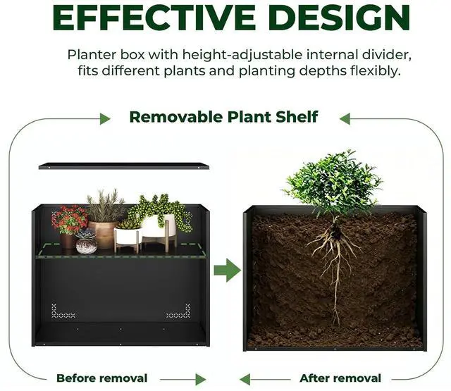 Alt view image 6 of 7 - Planters for Outdoor Plants,39.4" Lx15.7 Wx30 H All-Weather Large Planter Boxes Outdoor with Drainage Holes,Tall Planters for Outdoor Plants,Rectangular Planter Adjustable Shelf,Black