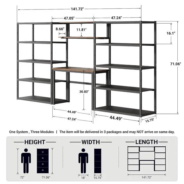 Alt view image 2 of 7 - Garage Storage System with Workbench and Shelving, 142" Modular Garage Organization System, Heavy-Duty Steel Storage Shelves & Workstation, Open Rack Design, Black, FLEXIMOD Series