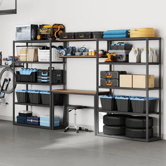 Alt view image 4 of 7 - Garage Storage System with Workbench and Shelving, 142" Modular Garage Organization System, Heavy-Duty Steel Storage Shelves & Workstation, Open Rack Design, Black, FLEXIMOD Series
