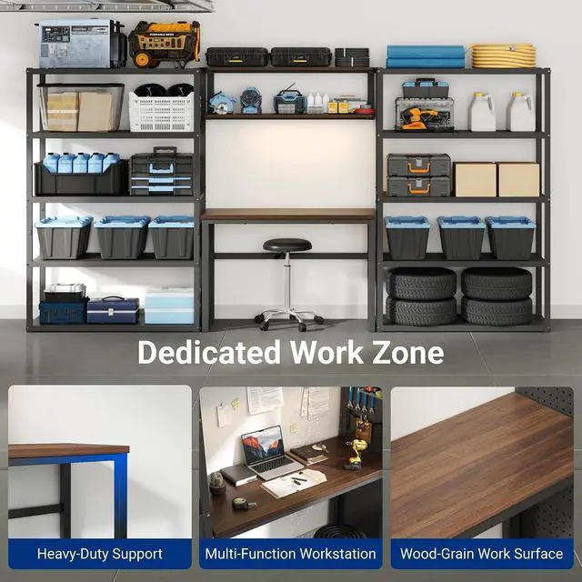 Alt view image 6 of 7 - Garage Storage System with Workbench and Shelving, 142" Modular Garage Organization System, Heavy-Duty Steel Storage Shelves & Workstation, Open Rack Design, Black, FLEXIMOD Series