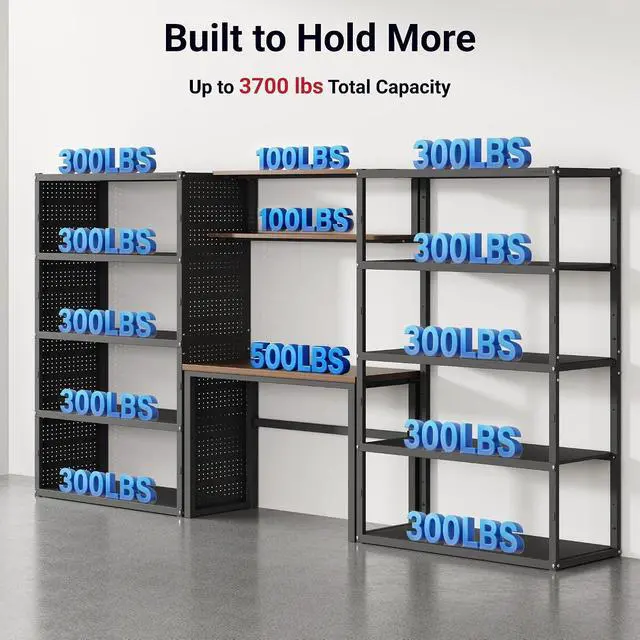 Alt view image 5 of 7 - Garage Storage System with Workbench and Shelving, 142" Modular Garage Organization System, Heavy-Duty Steel Storage Shelves & Workstation, Open Rack Design, Black, FLEXIMOD Series