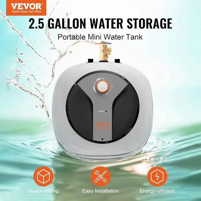 Alt view image 2 of 7 - Electric Mini-Tank Water Heater 2.5-Gallon Tank, 1440W Hot Water Boiler Storage, Safety Temperature Pressure Valve Easy Install, for Kichen Bathroom Restaurant, Shelf Wall Floor Mounted