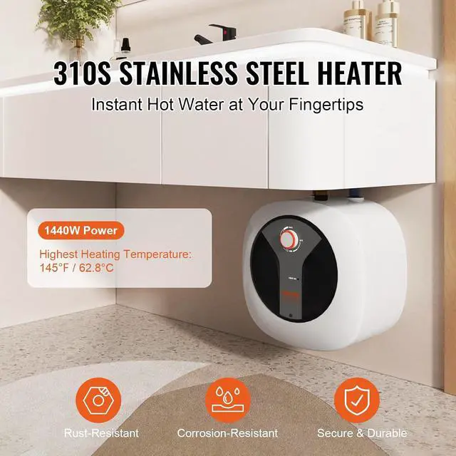 Alt view image 3 of 7 - Electric Mini-Tank Water Heater 2.5-Gallon Tank, 1440W Hot Water Boiler Storage, Safety Temperature Pressure Valve Easy Install, for Kichen Bathroom Restaurant, Shelf Wall Floor Mounted