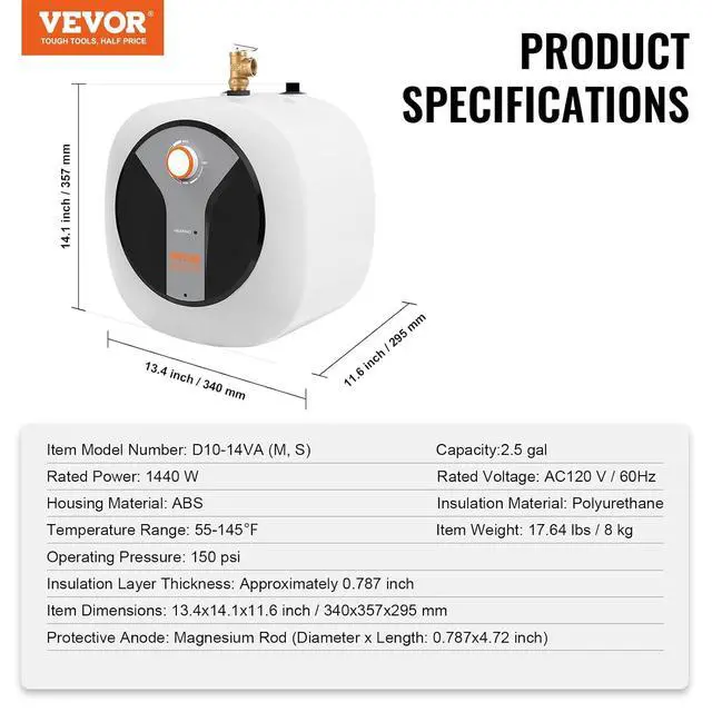 Alt view image 7 of 7 - Electric Mini-Tank Water Heater 2.5-Gallon Tank, 1440W Hot Water Boiler Storage, Safety Temperature Pressure Valve Easy Install, for Kichen Bathroom Restaurant, Shelf Wall Floor Mounted