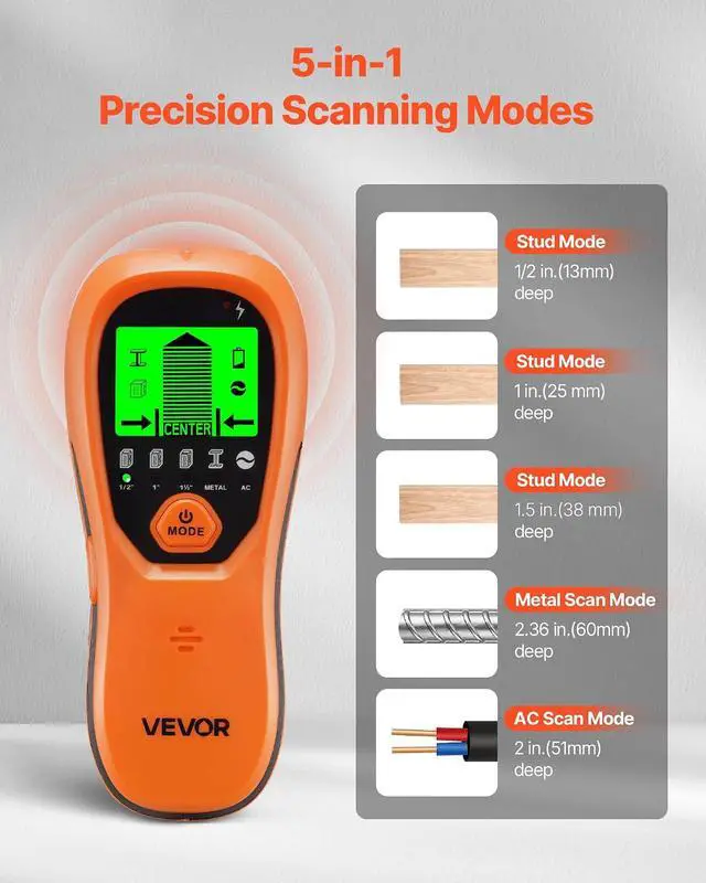 Alt view image 2 of 7 - Stud Finder Wall Scanner, 5 in 1, Electronic Wall Stud Detector with Smart Sensor, High-Definition LCD Display and Audio Alarm, for the Center and Edge of Metal, AC Wire, Joists, Pipes, Orange