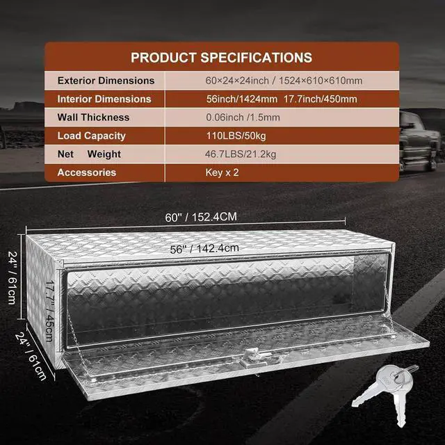 Alt view image 7 of 7 - Underbody Truck Box, 60"×24"×24" Pickup Storage Box, Heavy Duty Aluminum Diamond Plate Tool Box with Lock and Keys, Waterproof Trailer Storage Box with T-Handle Latch for Truck, Van, Trailer