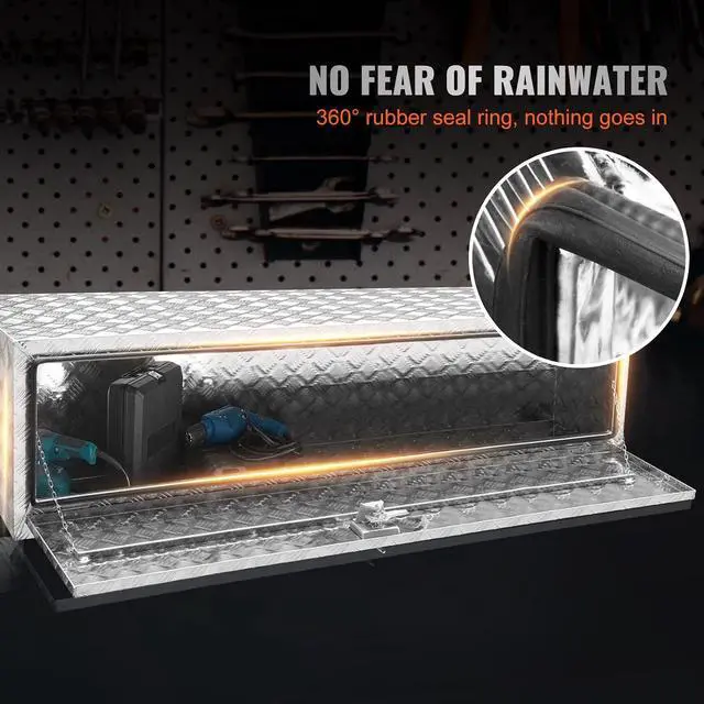 Alt view image 5 of 7 - Underbody Truck Box, 60"×24"×24" Pickup Storage Box, Heavy Duty Aluminum Diamond Plate Tool Box with Lock and Keys, Waterproof Trailer Storage Box with T-Handle Latch for Truck, Van, Trailer