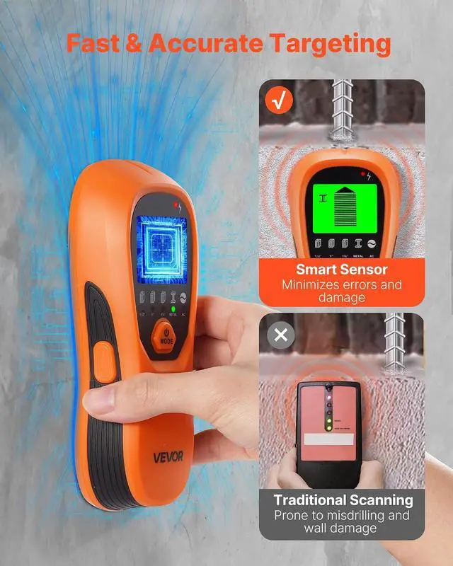 Alt view image 3 of 7 - Stud Finder Wall Scanner, 5 in 1, Electronic Wall Stud Detector with Smart Sensor, High-Definition LCD Display and Audio Alarm, for the Center and Edge of Metal, AC Wire, Joists, Pipes, Orange