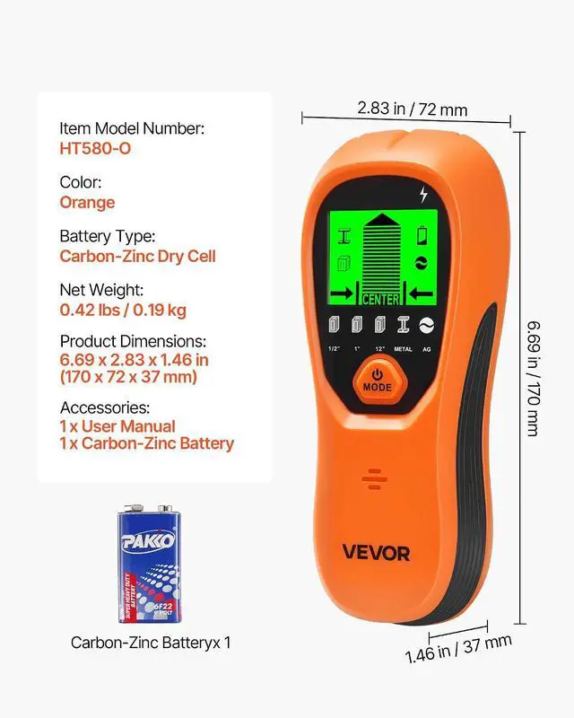 Alt view image 7 of 7 - Stud Finder Wall Scanner, 5 in 1, Electronic Wall Stud Detector with Smart Sensor, High-Definition LCD Display and Audio Alarm, for the Center and Edge of Metal, AC Wire, Joists, Pipes, Orange