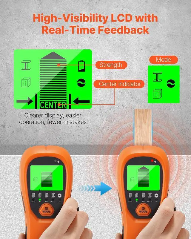 Alt view image 4 of 7 - Stud Finder Wall Scanner, 5 in 1, Electronic Wall Stud Detector with Smart Sensor, High-Definition LCD Display and Audio Alarm, for the Center and Edge of Metal, AC Wire, Joists, Pipes, Orange