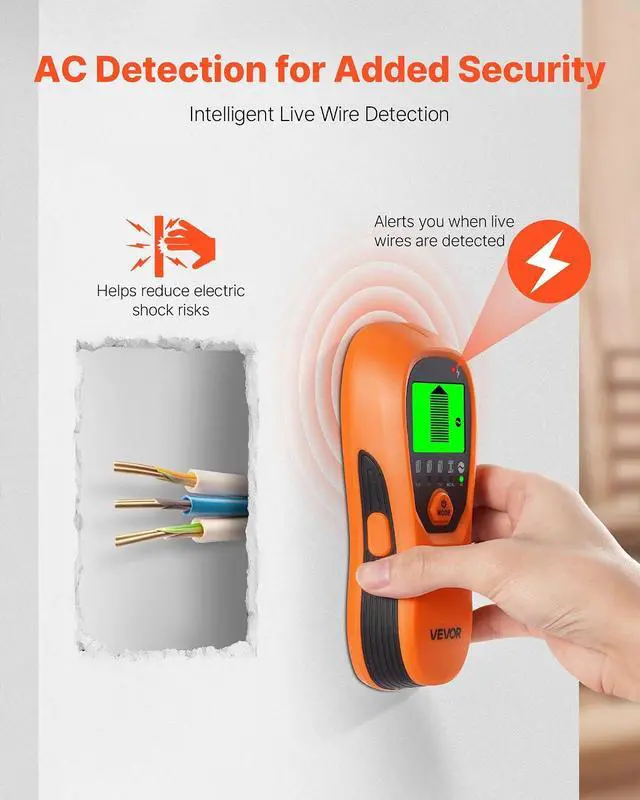 Alt view image 5 of 7 - Stud Finder Wall Scanner, 5 in 1, Electronic Wall Stud Detector with Smart Sensor, High-Definition LCD Display and Audio Alarm, for the Center and Edge of Metal, AC Wire, Joists, Pipes, Orange