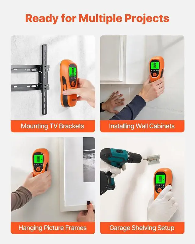 Alt view image 6 of 7 - Stud Finder Wall Scanner, 5 in 1, Electronic Wall Stud Detector with Smart Sensor, High-Definition LCD Display and Audio Alarm, for the Center and Edge of Metal, AC Wire, Joists, Pipes, Orange