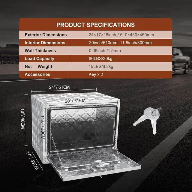 Alt view image 7 of 7 - Underbody Truck Box, 24"×17"×18" Pickup Storage Box, Heavy Duty Aluminum Diamond Plate Tool Box with Lock and Keys, Waterproof Trailer Storage Box with T-Handle Latch for Truck, Van, Trailer