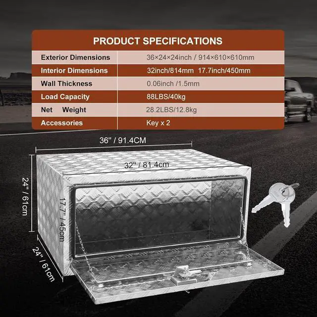 Alt view image 7 of 7 - Underbody Truck Box, 36"×24"×24" Pickup Storage Box, Heavy Duty Aluminum Diamond Plate Tool Box with Lock and Keys, Waterproof Trailer Storage Box with T-Handle Latch for Truck, Van, Trailer
