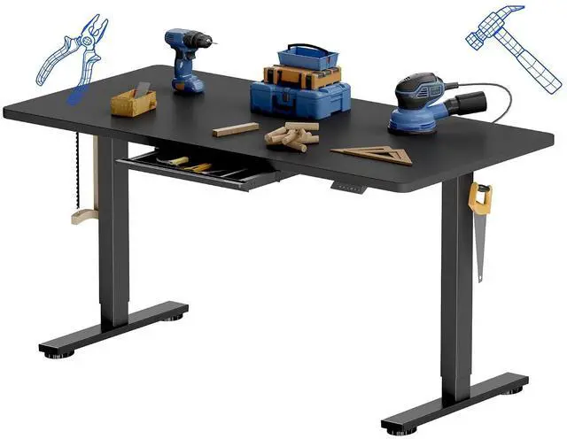 Main image of Electric Adjustable Workbench, 55x28 Inches Ergonomic Worktable with Drawer for Garage, Workshop, Office and Home, Spacious Desktop for Woodworking Sewing and Crafts, Black, 3 Packages