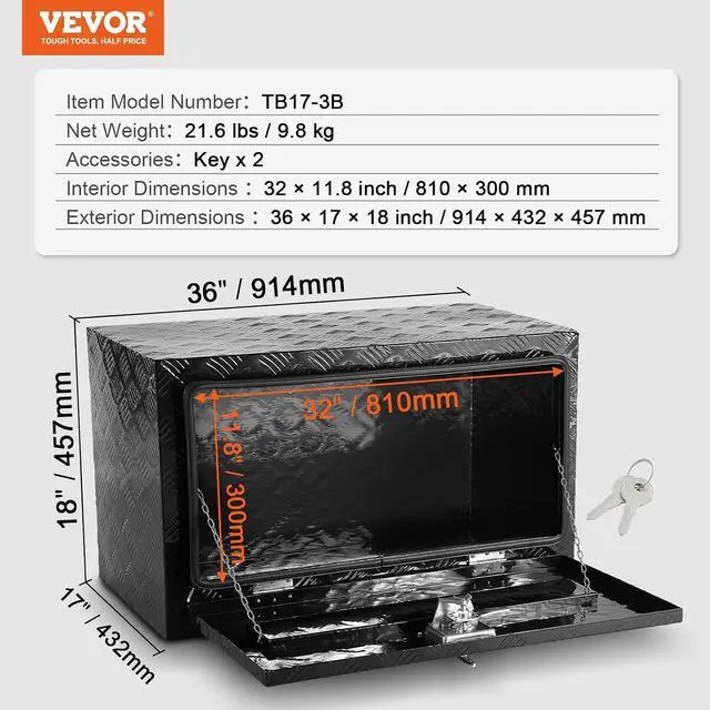 Alt view image 7 of 7 - Underbody Truck Box, 36"×17"×18" Pickup Storage Box, Heavy Duty Aluminum Diamond Plate Tool Box with Lock and Keys, Waterproof Trailer Storage Box with T-Handle Latch for Truck, Van, Trailer