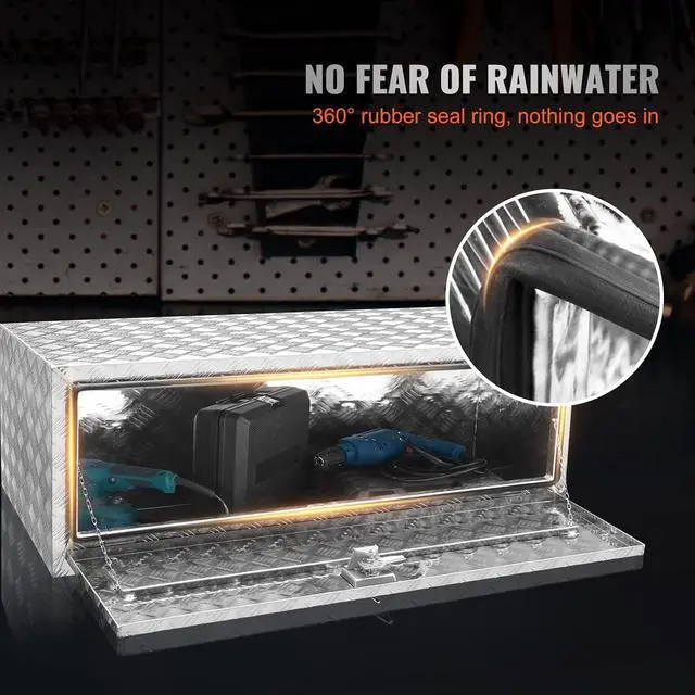 Alt view image 5 of 7 - Underbody Truck Box, 48"×24"×24" Pickup Storage Box, Heavy Duty Aluminum Diamond Plate Tool Box with Lock and Keys, Waterproof Trailer Storage Box with T-Handle Latch for Truck, Van, Trailer