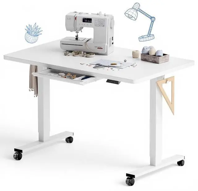 Main image of Electric Adjustable Workbench, 48x30 Inches Ergonomic Worktable with Drawer and Wheels for Garage, Workshop and Office, Spacious Desktop for Sewing and Crafts, White, 4 Packages
