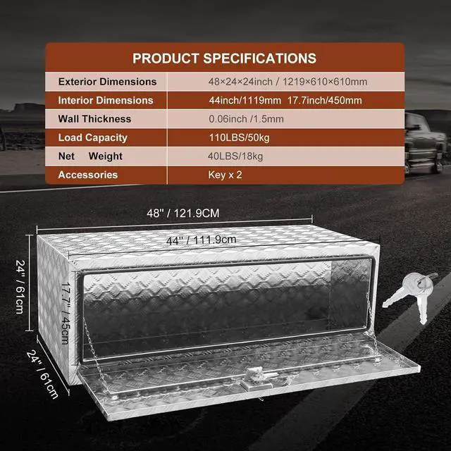 Alt view image 7 of 7 - Underbody Truck Box, 48"×24"×24" Pickup Storage Box, Heavy Duty Aluminum Diamond Plate Tool Box with Lock and Keys, Waterproof Trailer Storage Box with T-Handle Latch for Truck, Van, Trailer