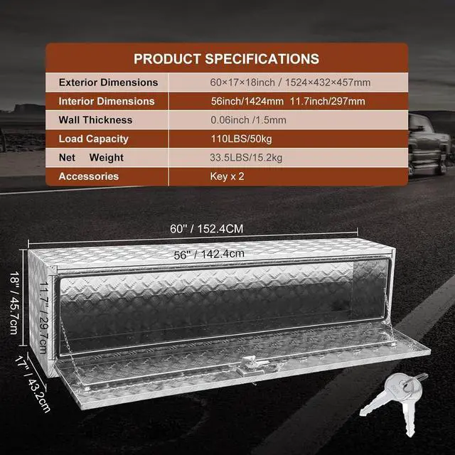 Alt view image 7 of 7 - Underbody Truck Box, 60"×17"×18" Pickup Storage Box, Heavy Duty Aluminum Diamond Plate Tool Box with Lock and Keys, Waterproof Trailer Storage Box with T-Handle Latch for Truck, Van, Trailer