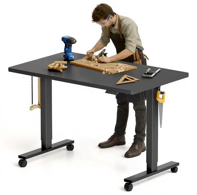 Main image of Electric Adjustable Workbench, 48x30 Inches Ergonomic Worktable with Wheels for Garage, Workshop, Office and Home, Spacious Desktop for Woodworking Sewing and Crafts, Black, 3 Packages