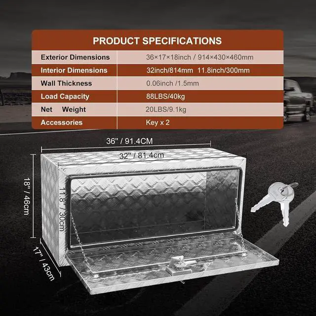 Alt view image 7 of 7 - Underbody Truck Box, 36"×17"×18" Pickup Storage Box, Heavy Duty Aluminum Diamond Plate Tool Box with Lock and Keys, Waterproof Trailer Storage Box with T-Handle Latch for Truck, Van, Trailer