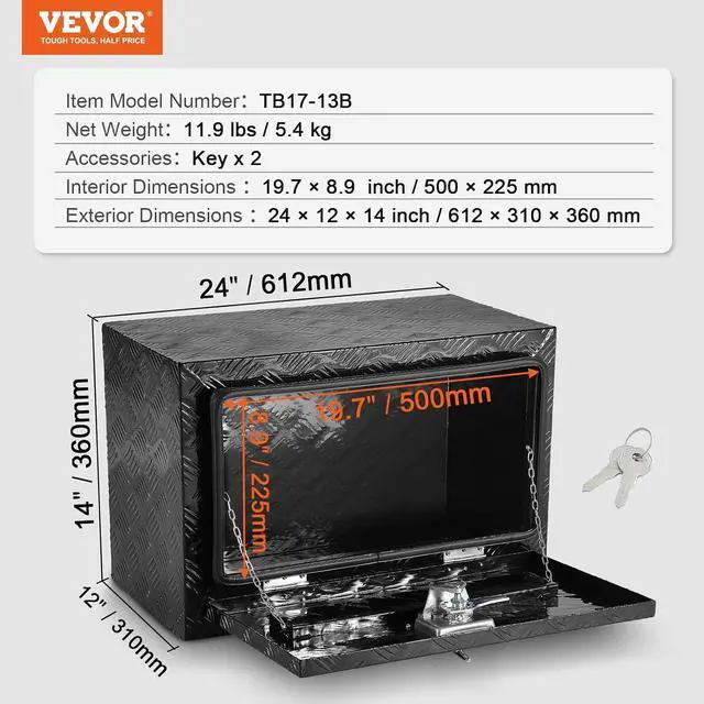 Alt view image 7 of 7 - Underbody Truck Box, 24" x 12" x 14" Pickup Storage Box, Heavy Duty Aluminum Diamond Plate Tool Box with Lock and Keys, Waterproof Trailer Storage Box with T-Handle Latch for Truck, Van, Trailer