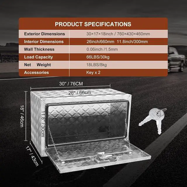 Alt view image 7 of 7 - Underbody Truck Box, 30"×17"×18" Pickup Storage Box, Heavy Duty Aluminum Diamond Plate Tool Box with Lock and Keys, Waterproof Trailer Storage Box with T-Handle Latch for Truck, Van, Trailer