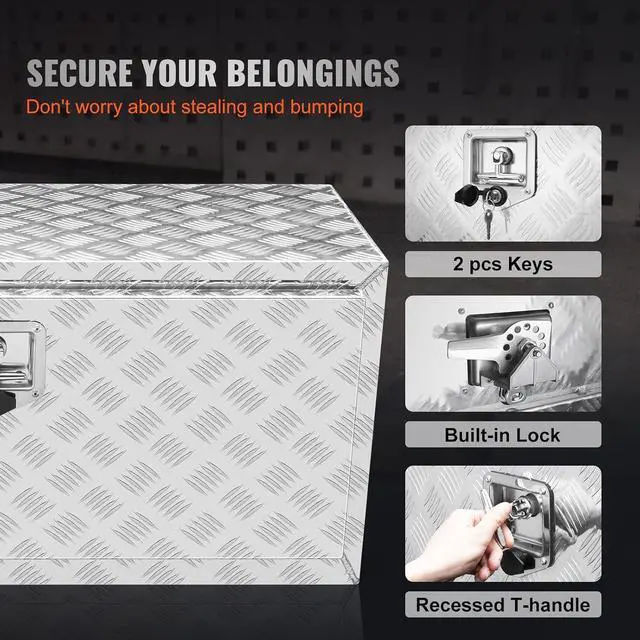 Alt view image 6 of 7 - Underbody Truck Box, 36"×17"×18" Pickup Storage Box, Heavy Duty Aluminum Diamond Plate Tool Box with Lock and Keys, Waterproof Trailer Storage Box with T-Handle Latch for Truck, Van, Trailer