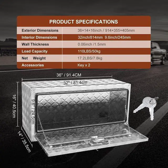 Alt view image 7 of 7 - Underbody Truck Box, 36"×14"×16" Pickup Storage Box, Heavy Duty Aluminum Diamond Plate Tool Box with Lock and Keys, Waterproof Trailer Storage Box with T-Handle Latch for Truck, Van, Trailer
