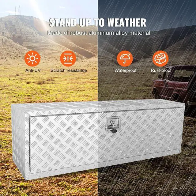 Alt view image 4 of 7 - Underbody Truck Box, 48"×17"×18" Pickup Storage Box, Heavy Duty Aluminum Diamond Plate Tool Box with Lock and Keys, Waterproof Trailer Storage Box with T-Handle Latch for Truck, Van, Trailer