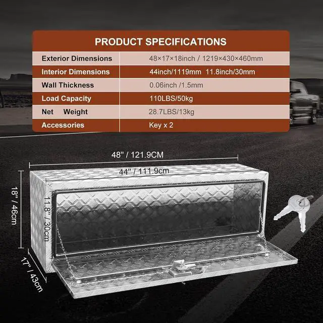 Alt view image 7 of 7 - Underbody Truck Box, 48"×17"×18" Pickup Storage Box, Heavy Duty Aluminum Diamond Plate Tool Box with Lock and Keys, Waterproof Trailer Storage Box with T-Handle Latch for Truck, Van, Trailer