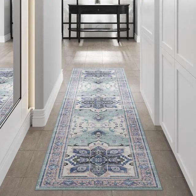 Main image of 2.5x7 Washable Area Rug Patented Non-Slip Carpet, Low Pile, Child & Pet Friendly, High-Grip Rug Pad Included Ideal for Entryway, Living Room & Bedroom (Mint Mirage)