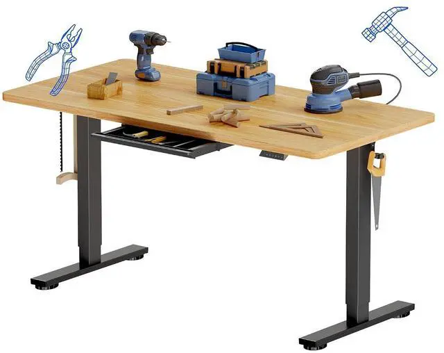 Main image of Electric Adjustable Workbench, 55x28 Inches Ergonomic Worktable with Drawer for Garage, Workshop, Office and Home, Spacious Desktop for Woodworking Sewing and Crafts, Maple, 3 Packages