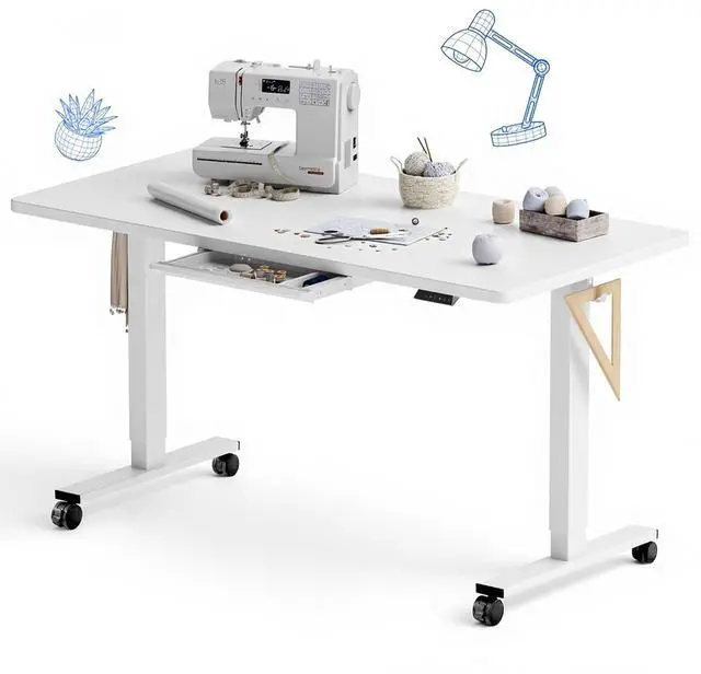 Main image of Electric Adjustable Workbench, 55x28 Inches Ergonomic Worktable with Drawer and Wheels for Garage, Workshop and Office, Spacious Desktop for Sewing and Crafts, White, 4 Packages