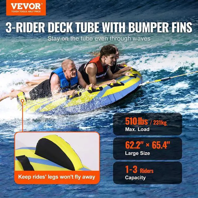 Alt view image 2 of 7 - Towable Tubes for Boating, 1-4 Riders Inflatable Boat Tubes & Towables, 340-680 lbs Capacity, Multiple Sizes with Full Nylon Cover, Padded/EVA Handles, Fins & Safety Valve (Multi-Option)