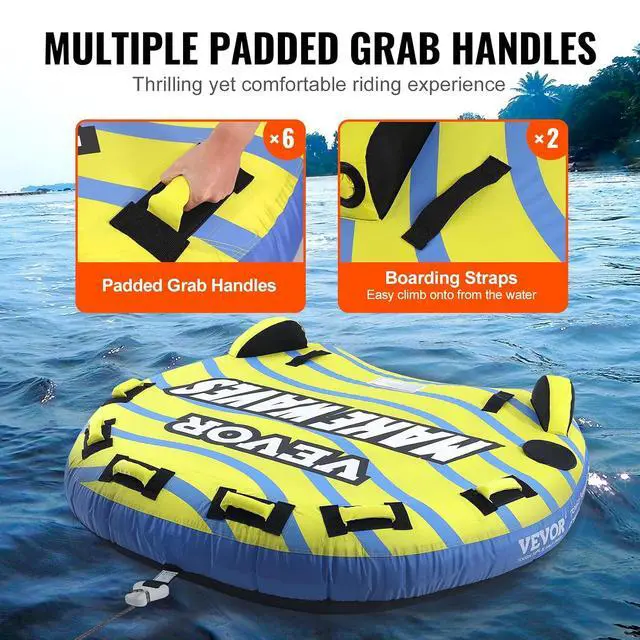 Alt view image 5 of 7 - Towable Tubes for Boating, 1-4 Riders Inflatable Boat Tubes & Towables, 340-680 lbs Capacity, Multiple Sizes with Full Nylon Cover, Padded/EVA Handles, Fins & Safety Valve (Multi-Option)