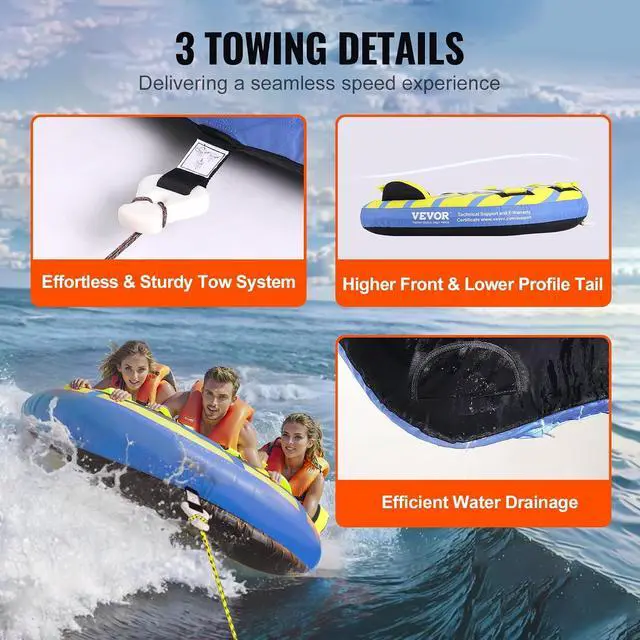 Alt view image 6 of 7 - Towable Tubes for Boating, 1-4 Riders Inflatable Boat Tubes & Towables, 340-680 lbs Capacity, Multiple Sizes with Full Nylon Cover, Padded/EVA Handles, Fins & Safety Valve (Multi-Option)